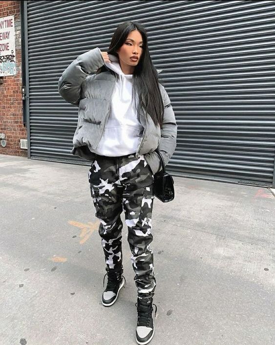 Urban Camo Cargo Pants with Gray Puffer Jacket